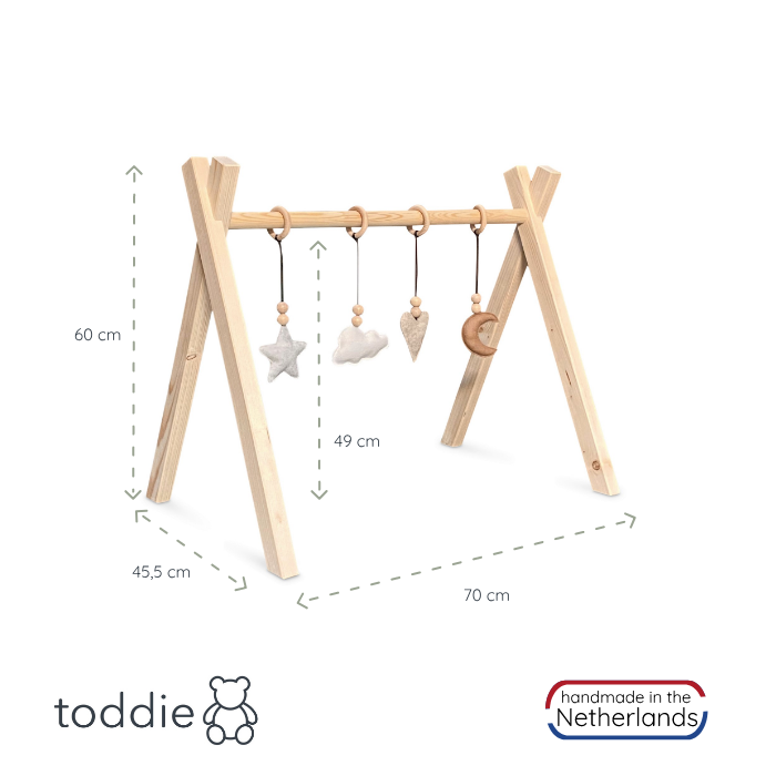 Wooden baby gym | Solid wooden play arch tipi shape with nature hangers - natural