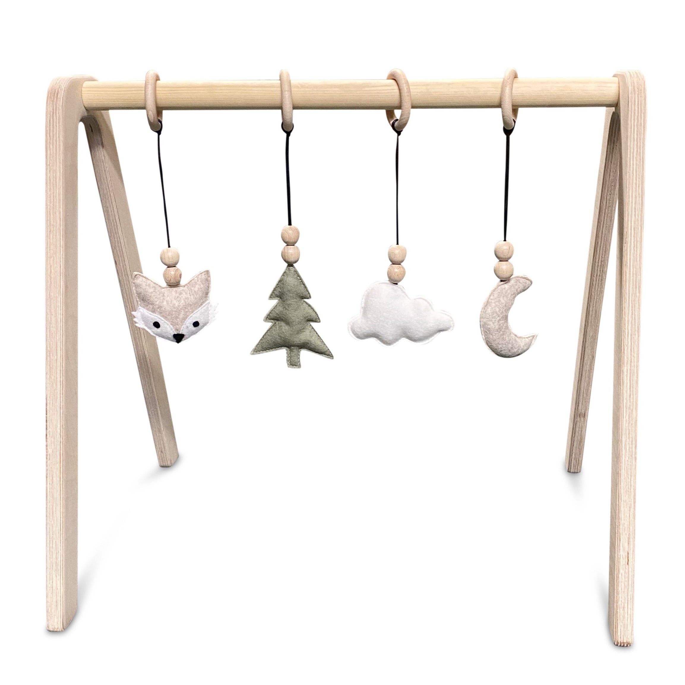 Wooden baby gym | Solid wooden play arch with forest animal hangers - natural