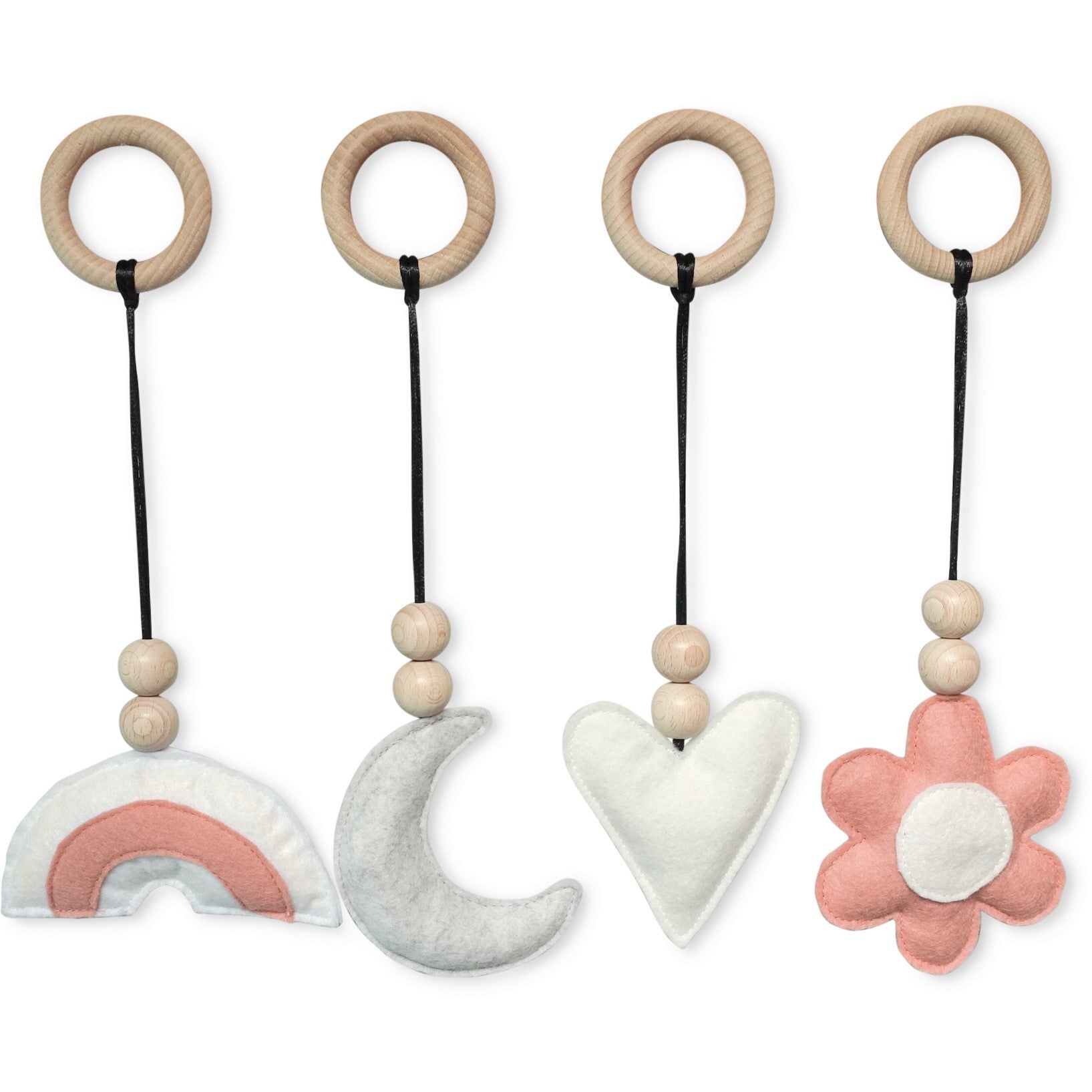 Baby gym hangers with a flower - felt and wooden beads - toddie.com