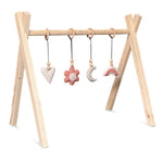 Wooden baby gym | Solid wooden play arch teepee shape with flower and rainbow hangers  - natural