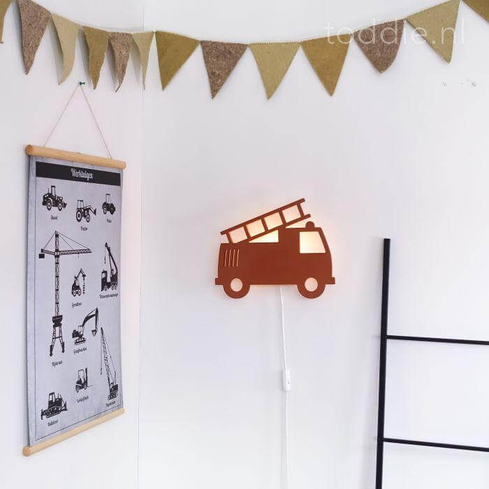 Wooden children’s room wall lamp | Fire engine, brick red - toddie.com