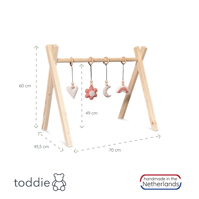 Wooden baby gym | Solid wooden play arch tipi shape with flower and rainbow hangers - natural