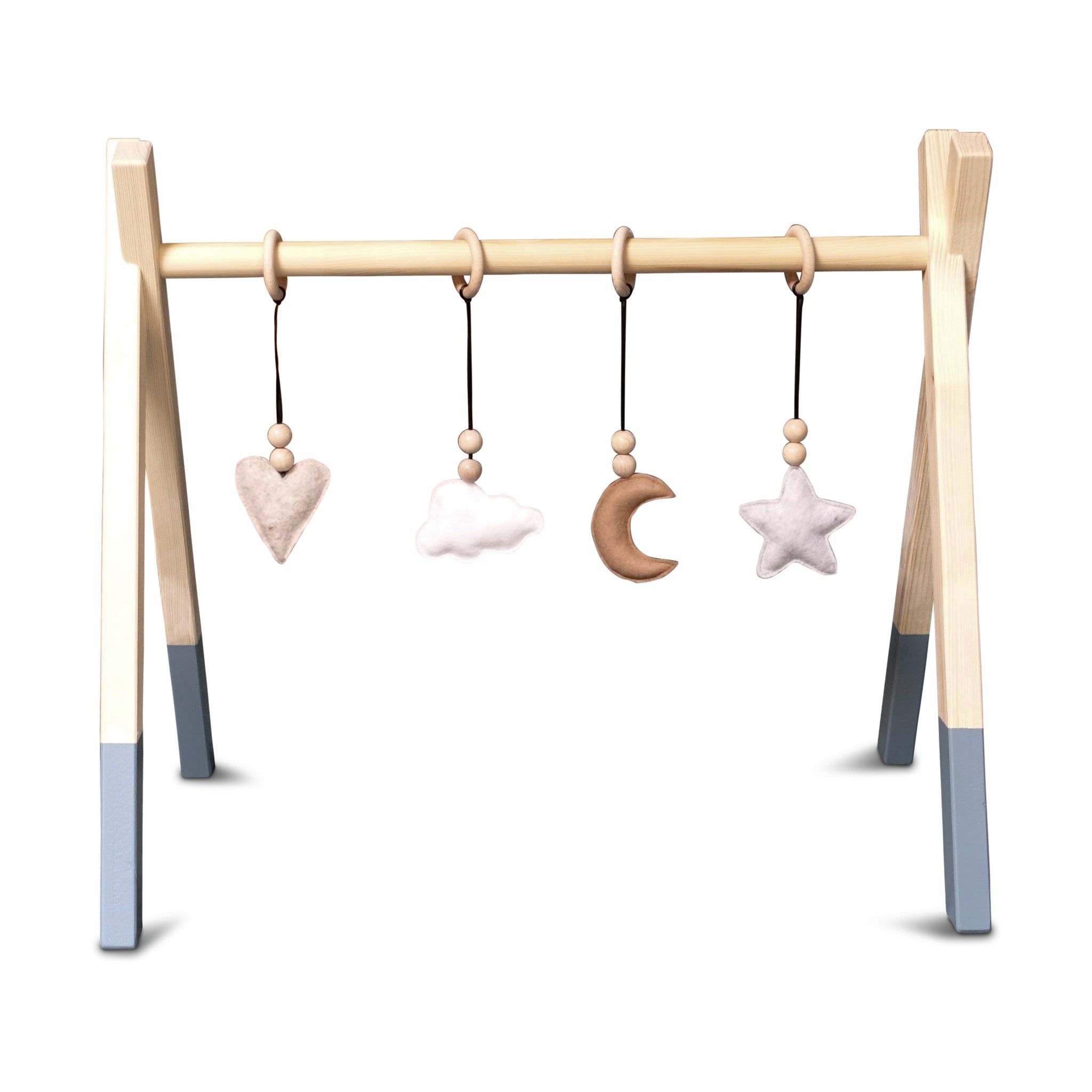 Wooden baby gym | Solid wooden play arch tipi shape with natural hangers - Denim drift