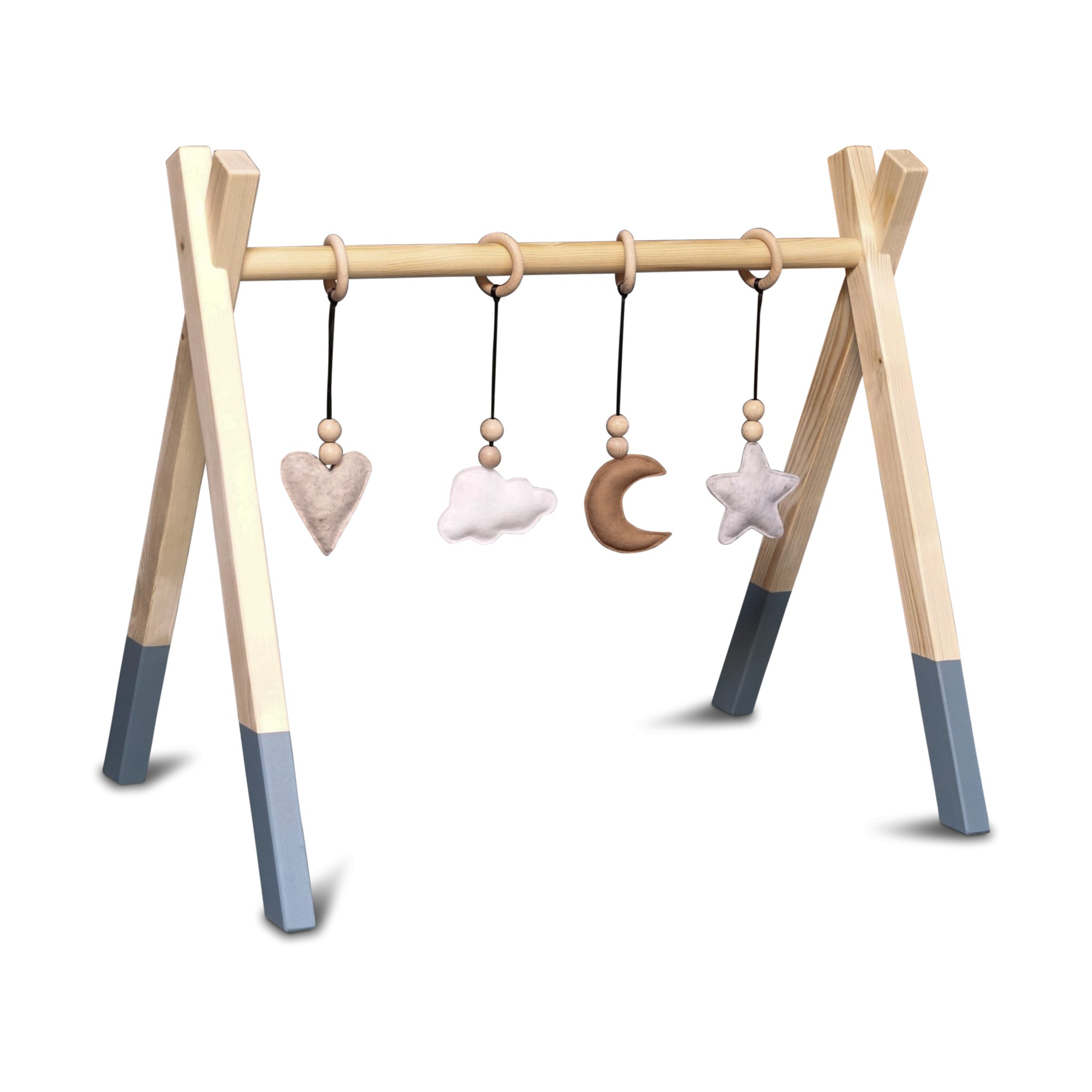 Wooden baby gym | Solid wooden play arch teepee shape with natural hangers - denim drift