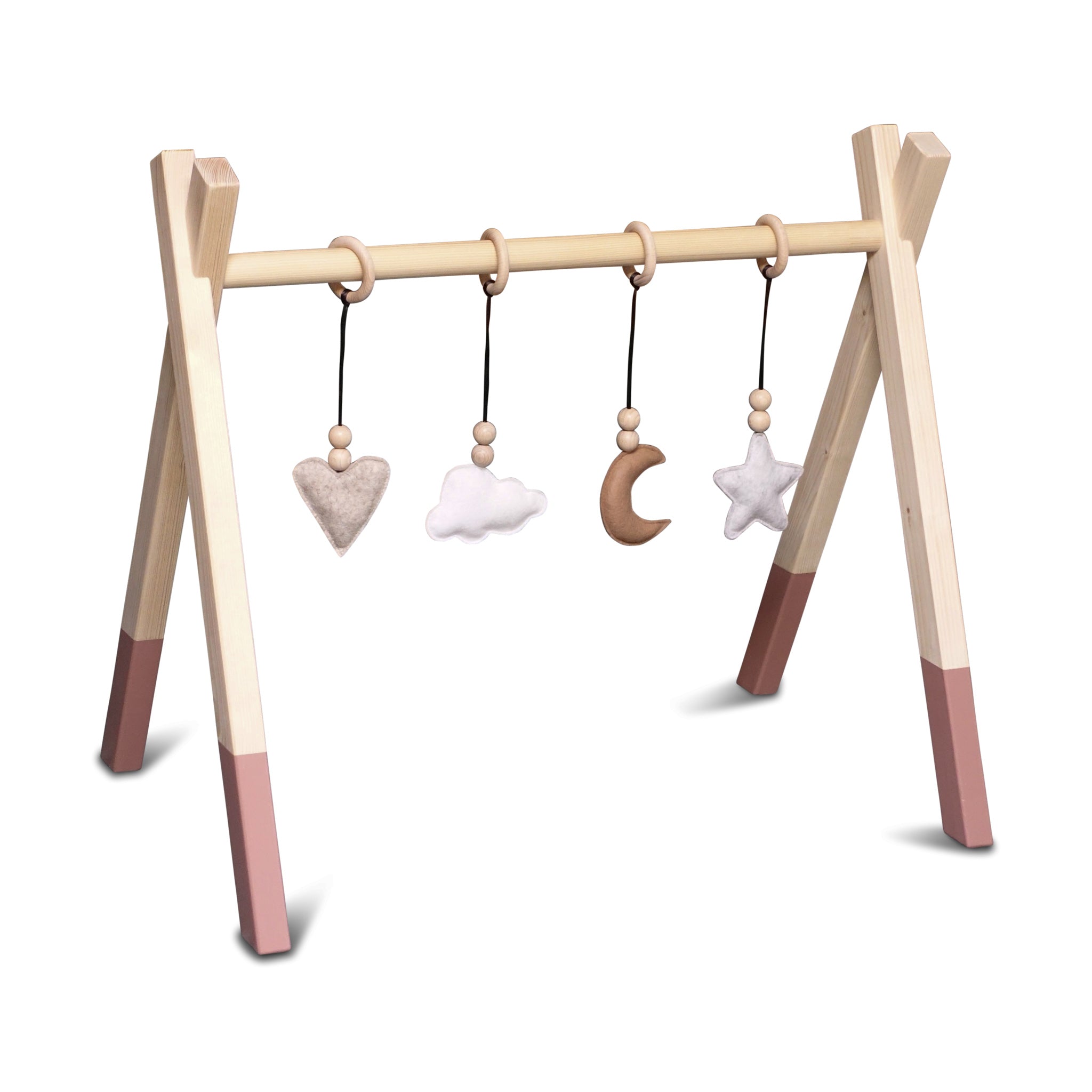 Wooden baby gym | Solid wooden play arch teepee shape with nature hangers - terra pink