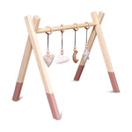 Wooden baby gym | Solid wooden play arch teepee shape with nature hangers - terra pink