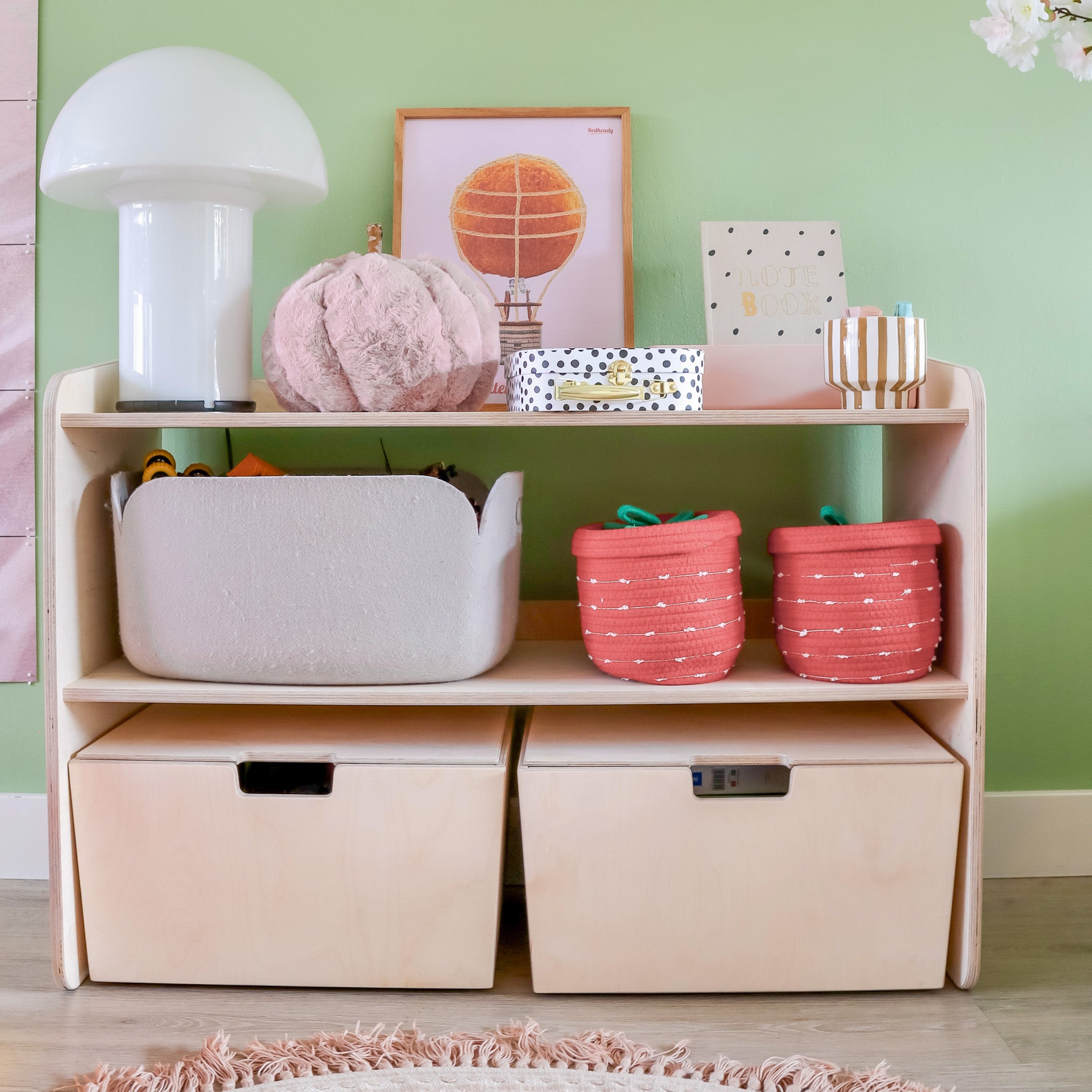 Montessori open toy cabinet + rolling storage bins | Bookshelf 2 shelves - natural