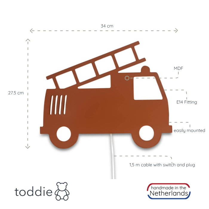 Aplique de madera para habitación infantil | Camión de bomberos, rojo ladrillo