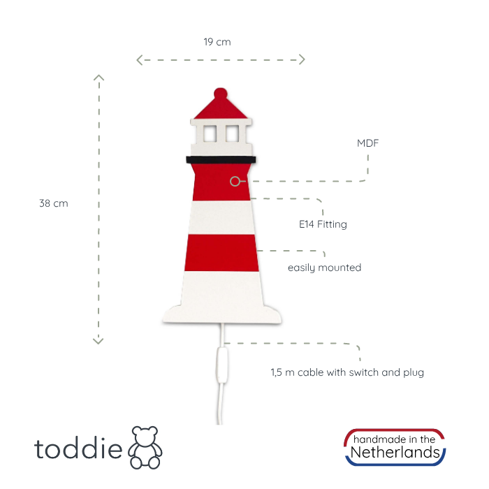 Træ væglampe børneværelse | Fyrtårn - hvid/rød