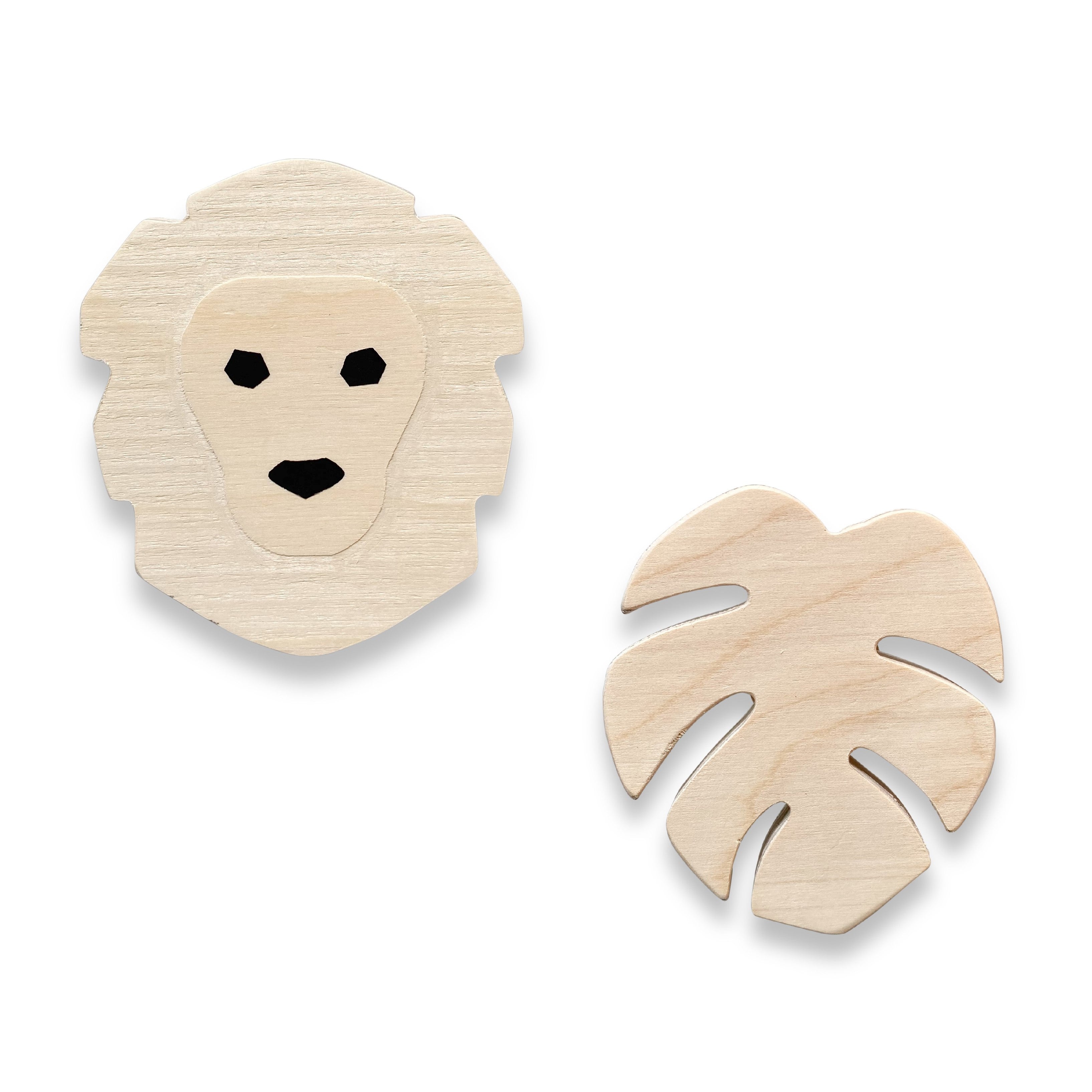 Wooden wall hooks children's room | Lion and monstera leaf - natural