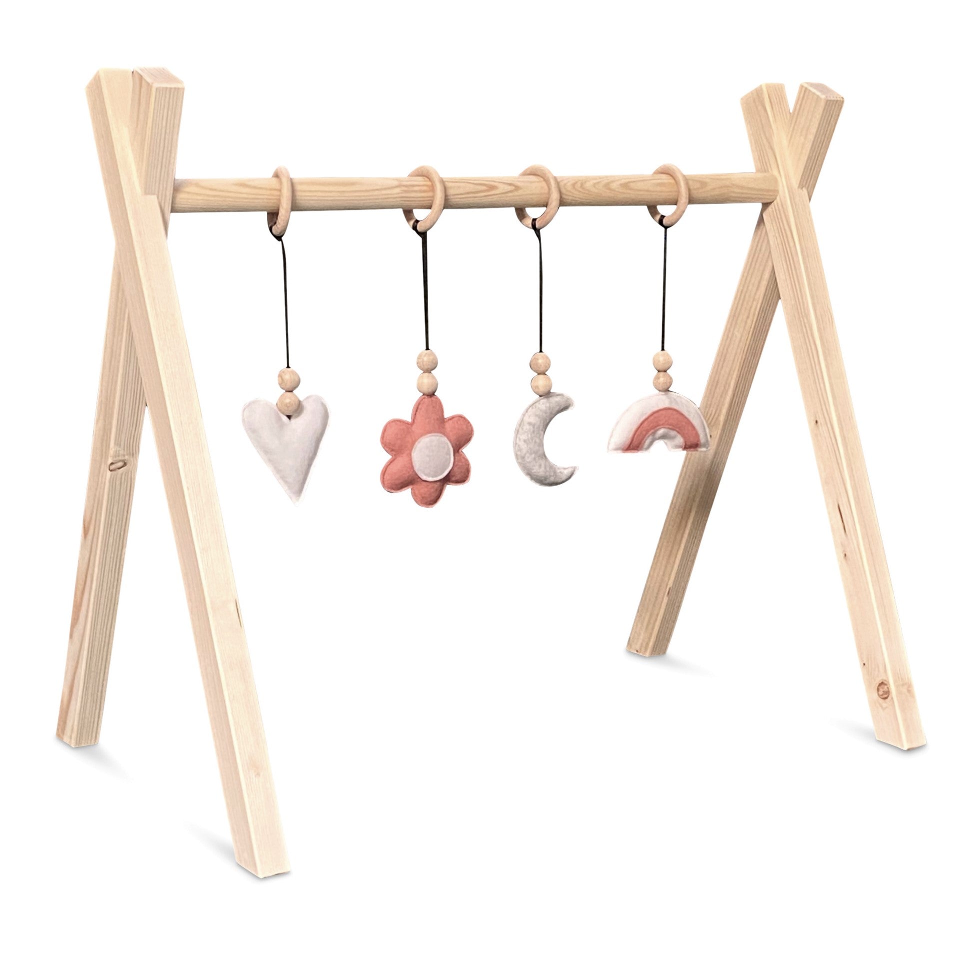 Wooden baby gym, with flower and rainbow felt hangers - toddie.com