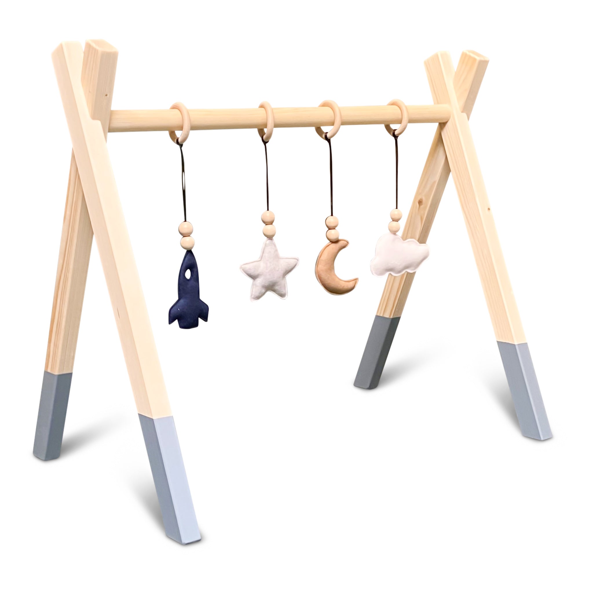 Wooden baby gym, Denim drift, with space hangers - toddie.com