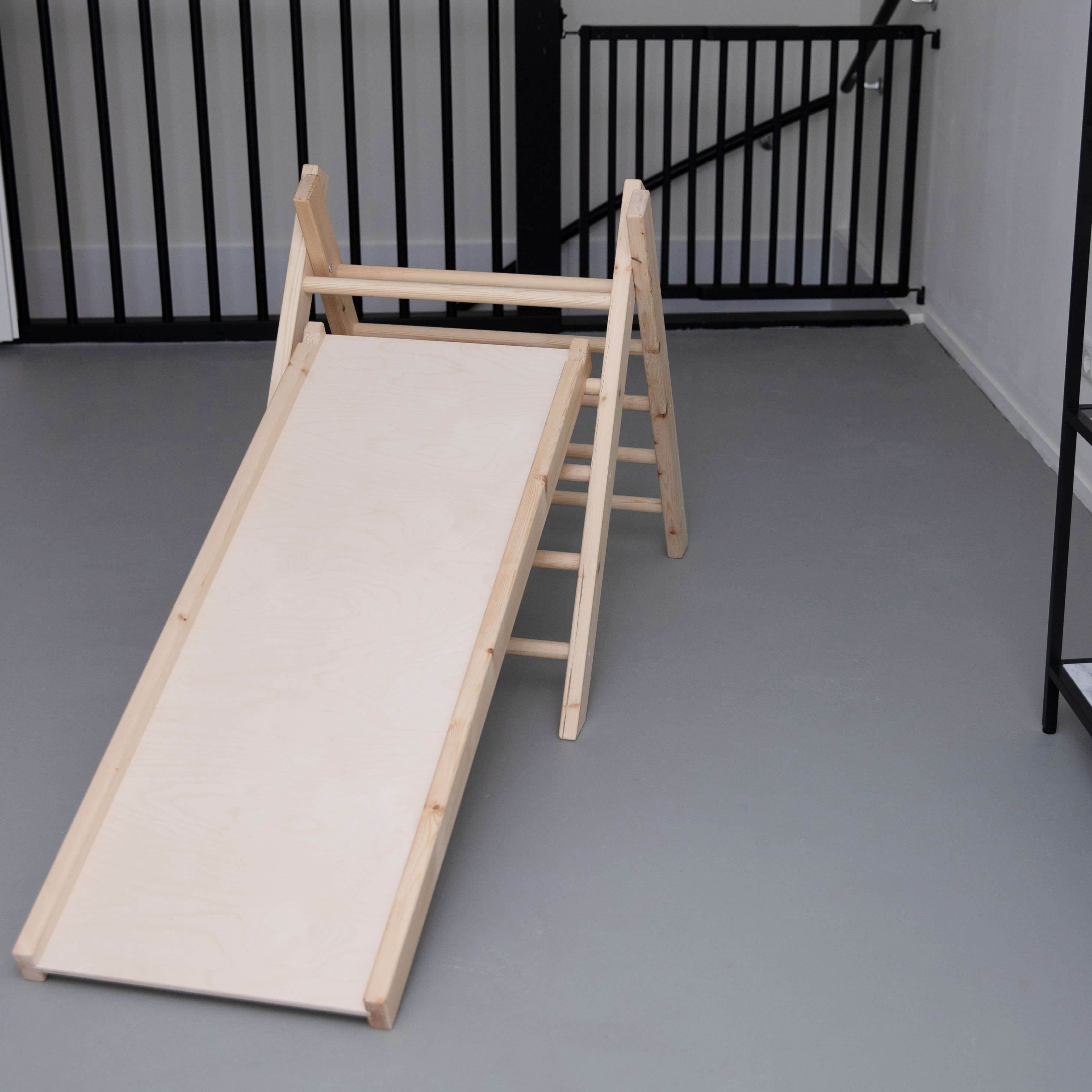 Wooden climbing frame with a slide, foldable climbing triangle - toddie.com