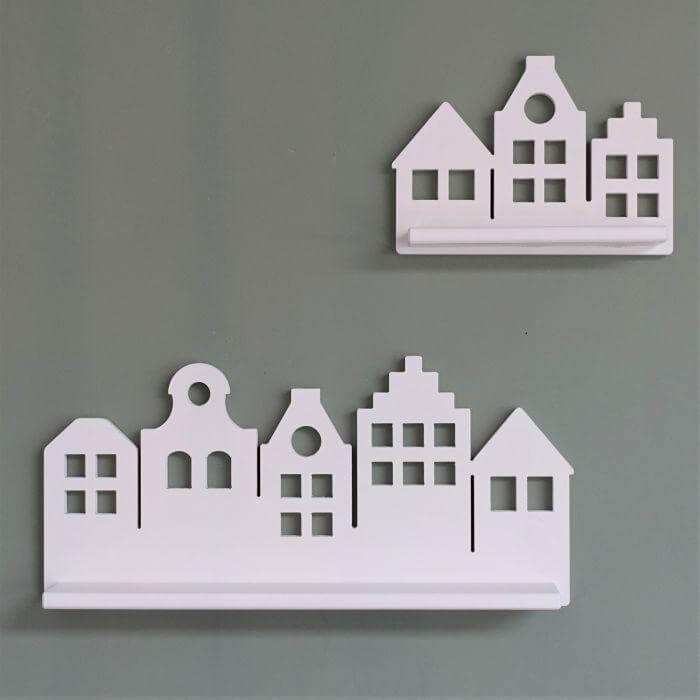 White, wooden wall shelf | Canal-side houses - toddie.com